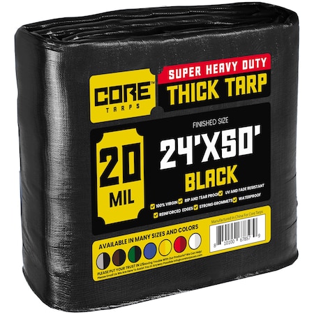Core Tarps Heavy Duty Tarp, 24 ft x 50 ft, 20 Mil, Black, Polyethylene CT-706-24x50